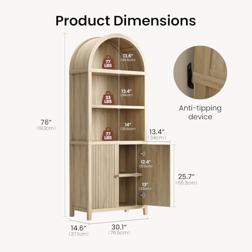 76-Inch Arched Fluted Bookcase Set with Doors, 2-Piece