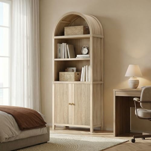 76-Inch Arched Fluted Bookcase Set with Doors, 2-Piece