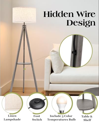 ELYONA Tripod Floor Lamp with Built-In Side Table