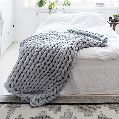 Chunky Knit Cotton Throw Blanket, Light Gray 120 x 150 cm