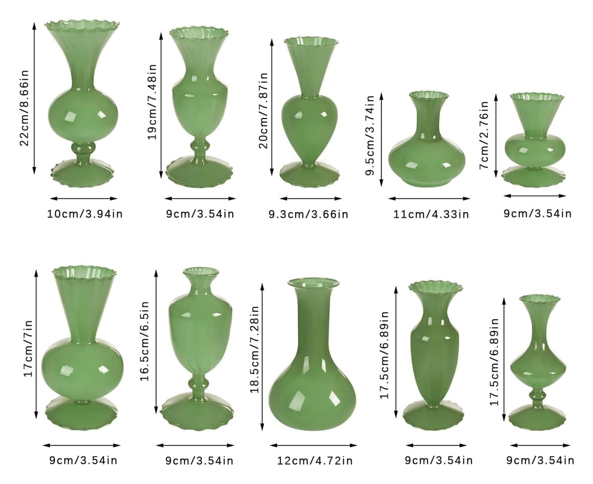 10-Piece Vintage Green Glass Bud Vase Set for Centerpieces