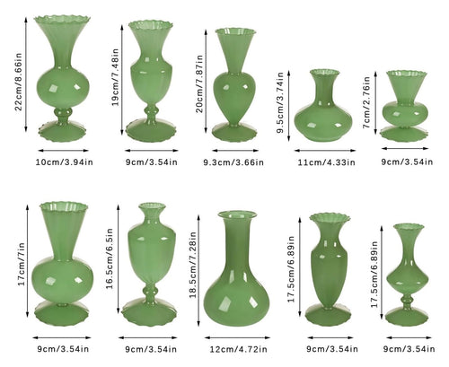 10-Piece Vintage Green Glass Bud Vase Set for Centerpieces