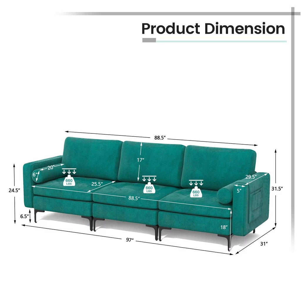 UMKLSW 3-Seat Modular Blue Suede Sofa with Storage Pocket