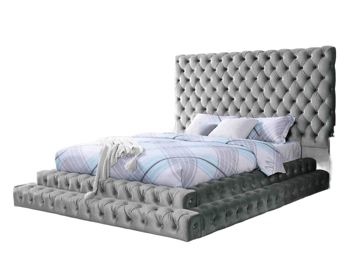 Gray King Upholstered Platform Bed with Tufted Headboard