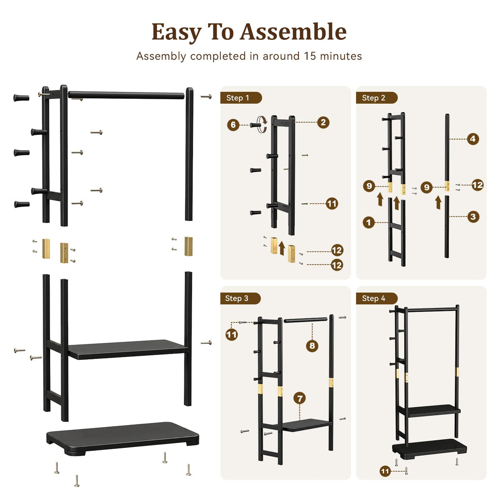 Solid Wood Hall Tree Coat Rack with 2 Shelves & 5 Hooks