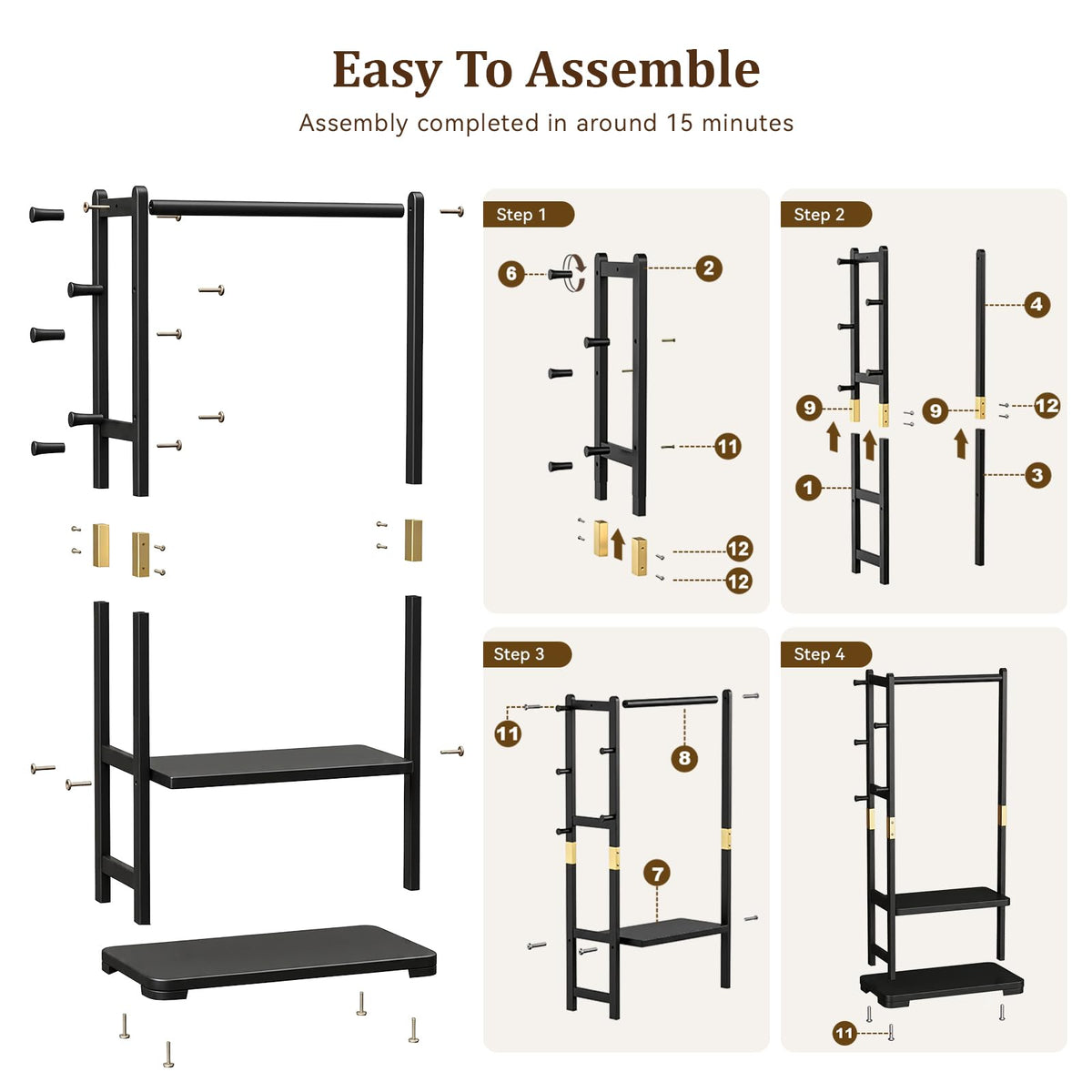Solid Wood Hall Tree Coat Rack with 2 Shelves & 5 Hooks