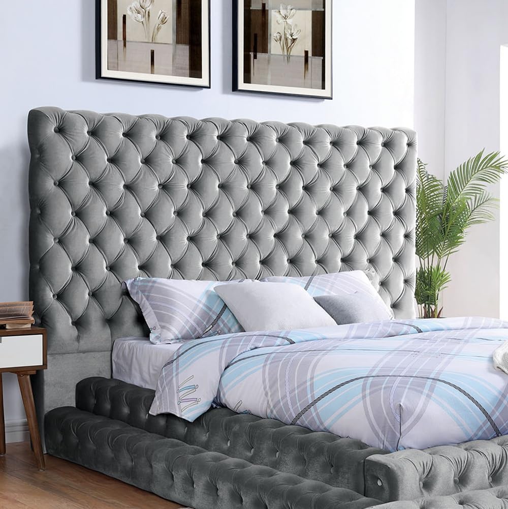 Gray King Upholstered Platform Bed with Tufted Headboard