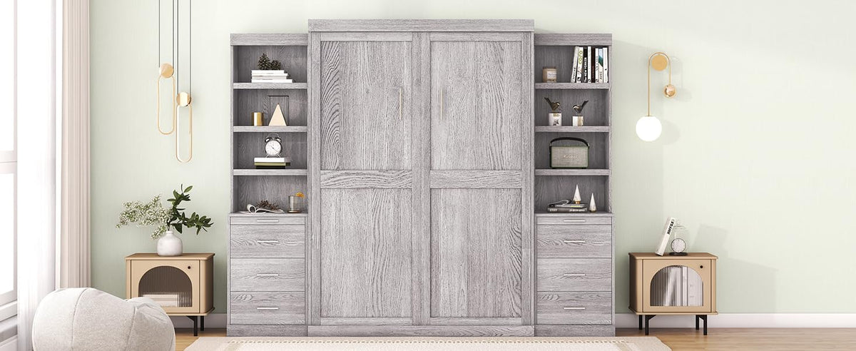 Full-Size Gray Storage Bed with Shelves & Drawers