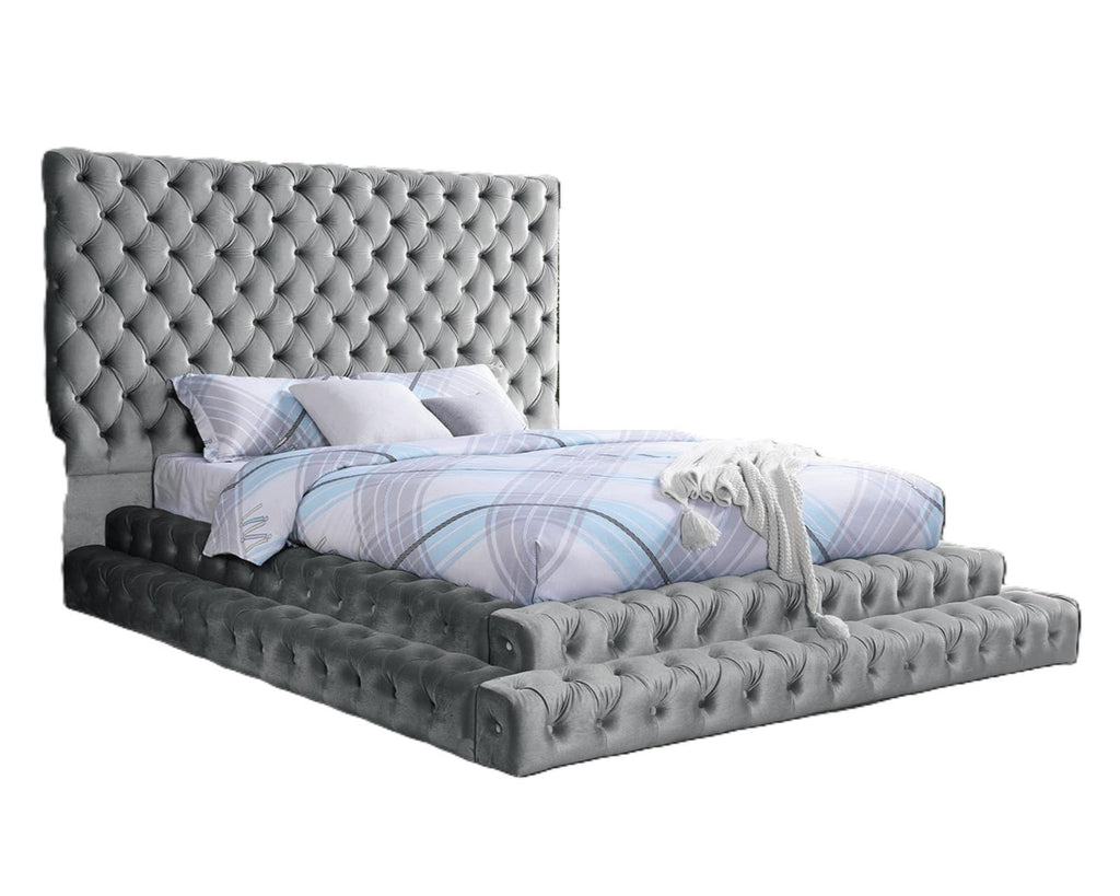 Gray King Upholstered Platform Bed with Tufted Headboard