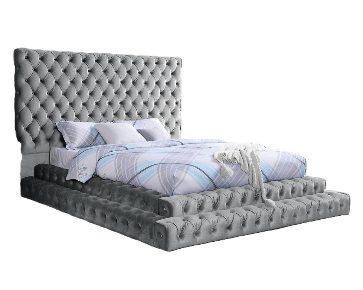 Gray King Upholstered Platform Bed with Tufted Headboard