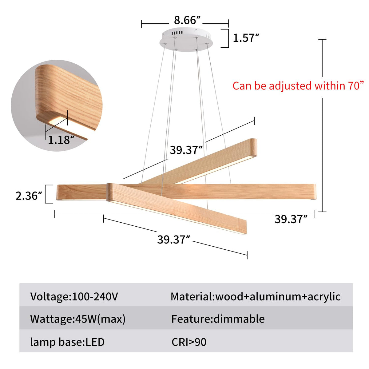YISDESIGN Dimmable Wood Linear Pendant Light Fixture