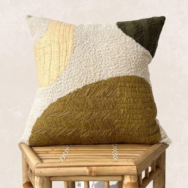 Boho Textured Color Block Throw Pillow Cover, Olive Green