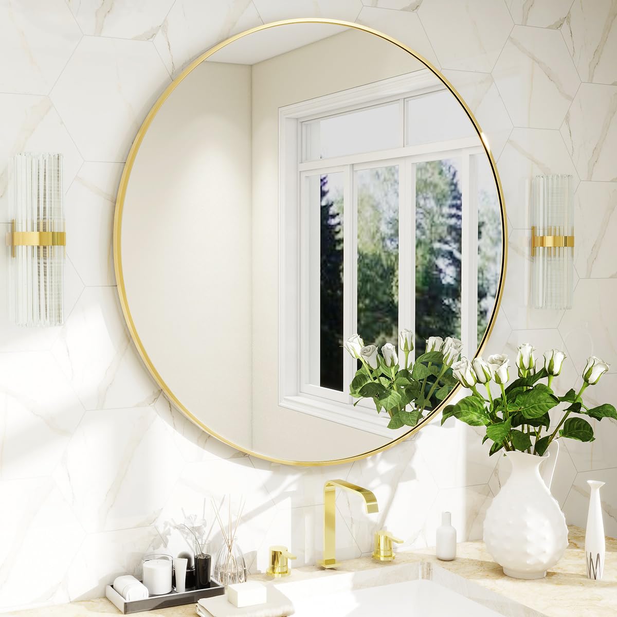 BEAUTYPEAK Round Metal Frame Decorative Wall Mirror