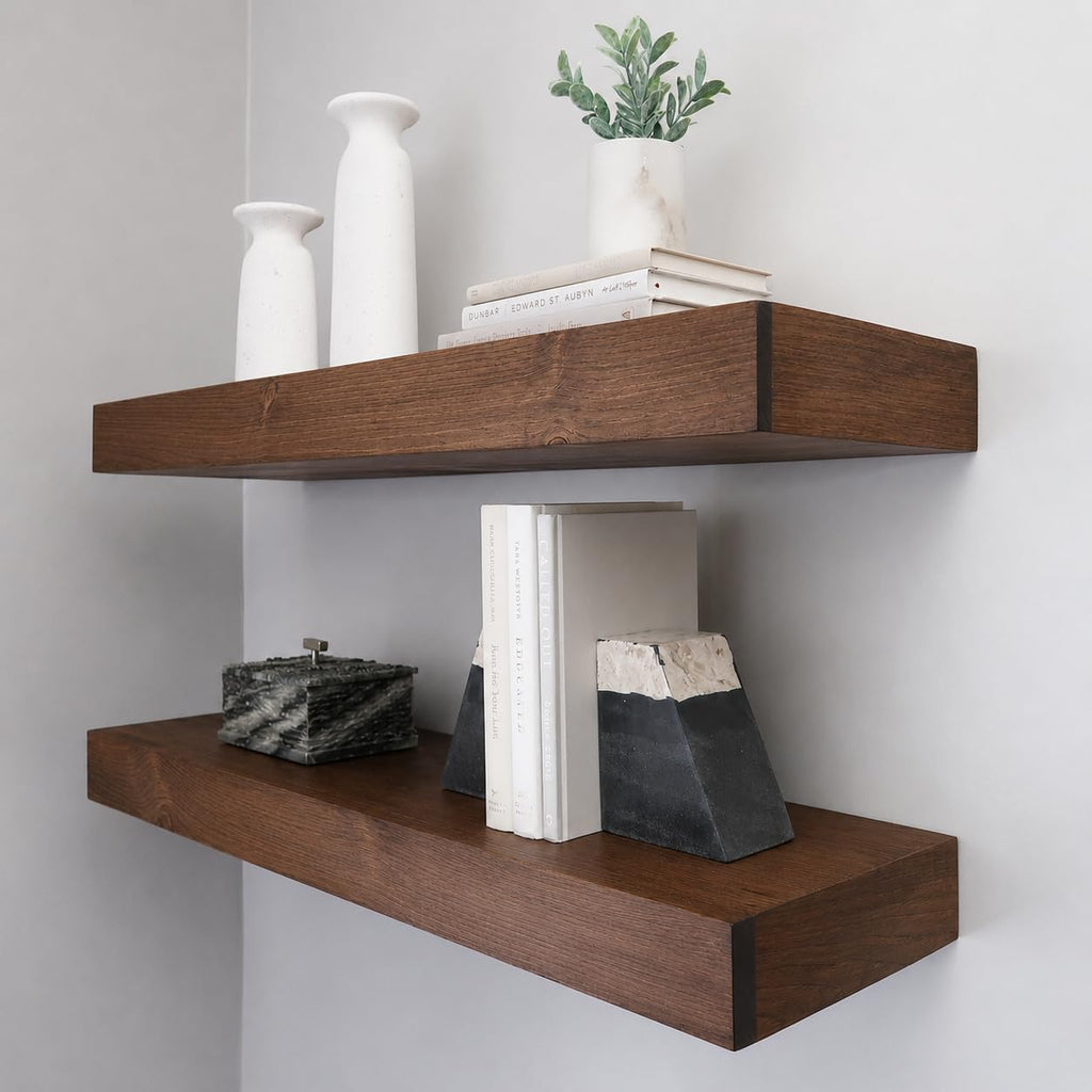 Set of 2 Rustic Pine Wood Floating Wall Shelves