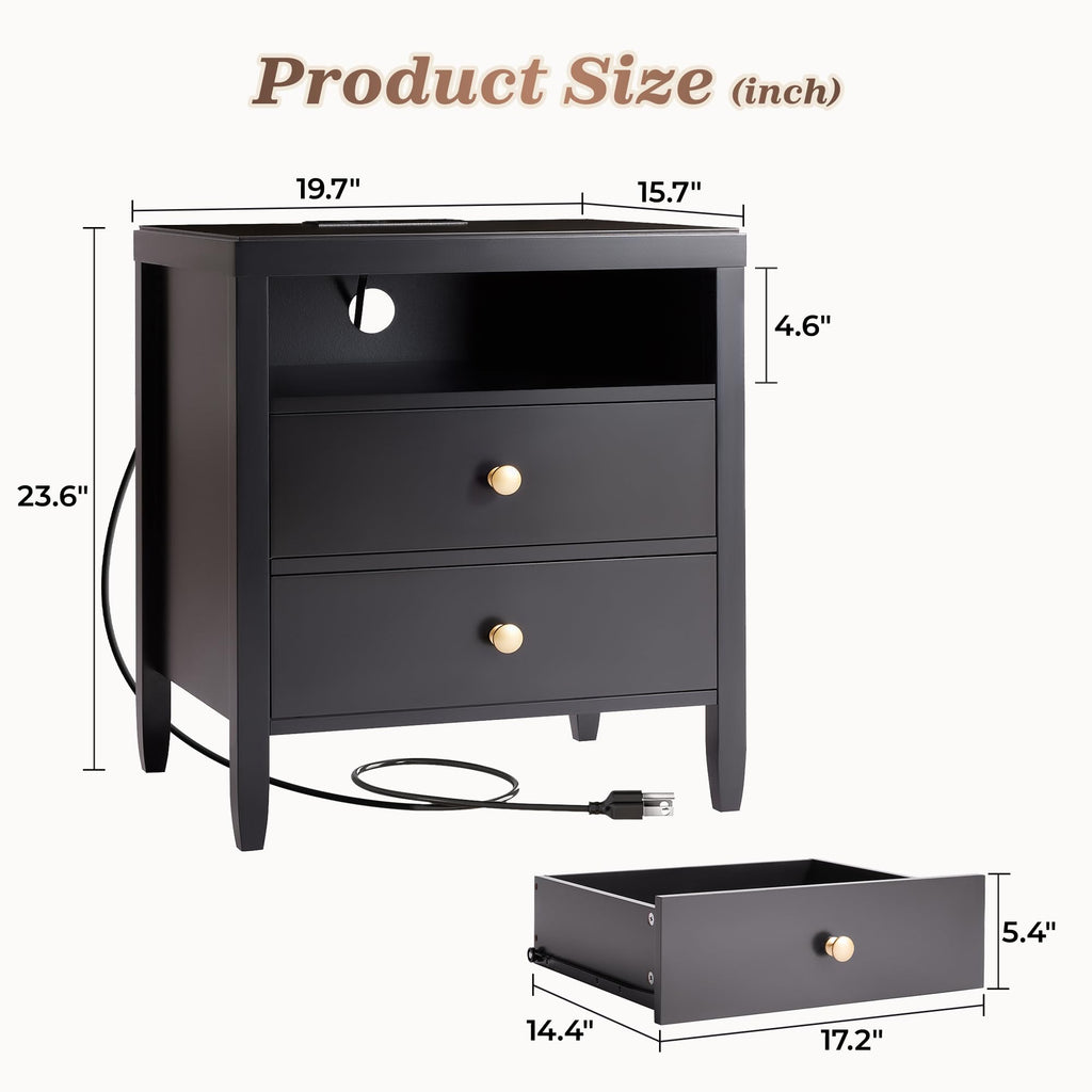 Modern Nightstand with Charging Station, 2 Drawers & Storage