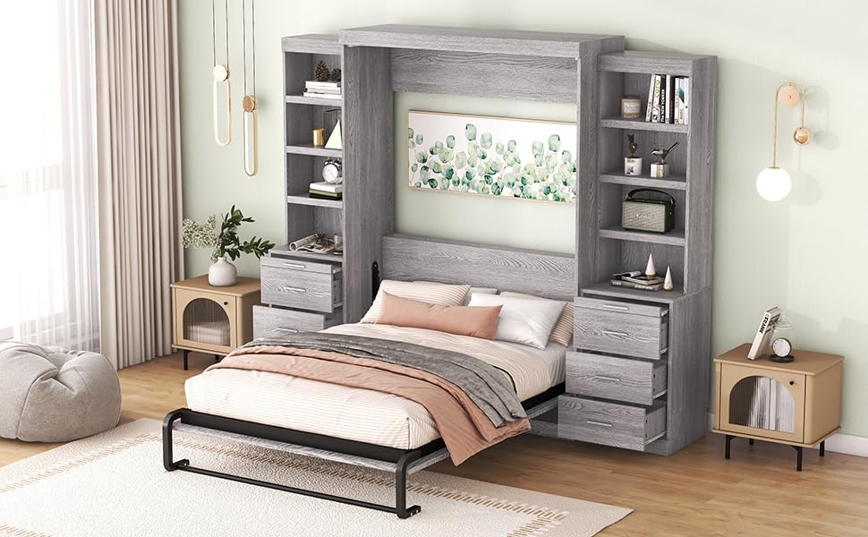 Full-Size Gray Storage Bed with Shelves & Drawers