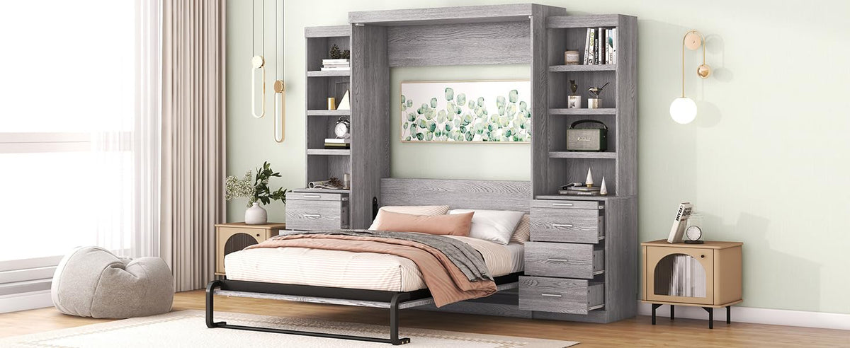 Full-Size Gray Storage Bed with Shelves & Drawers