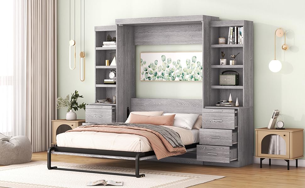 Full-Size Gray Storage Bed with Shelves & Drawers