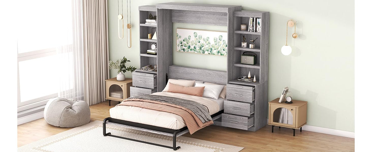 Full-Size Gray Storage Bed with Shelves & Drawers