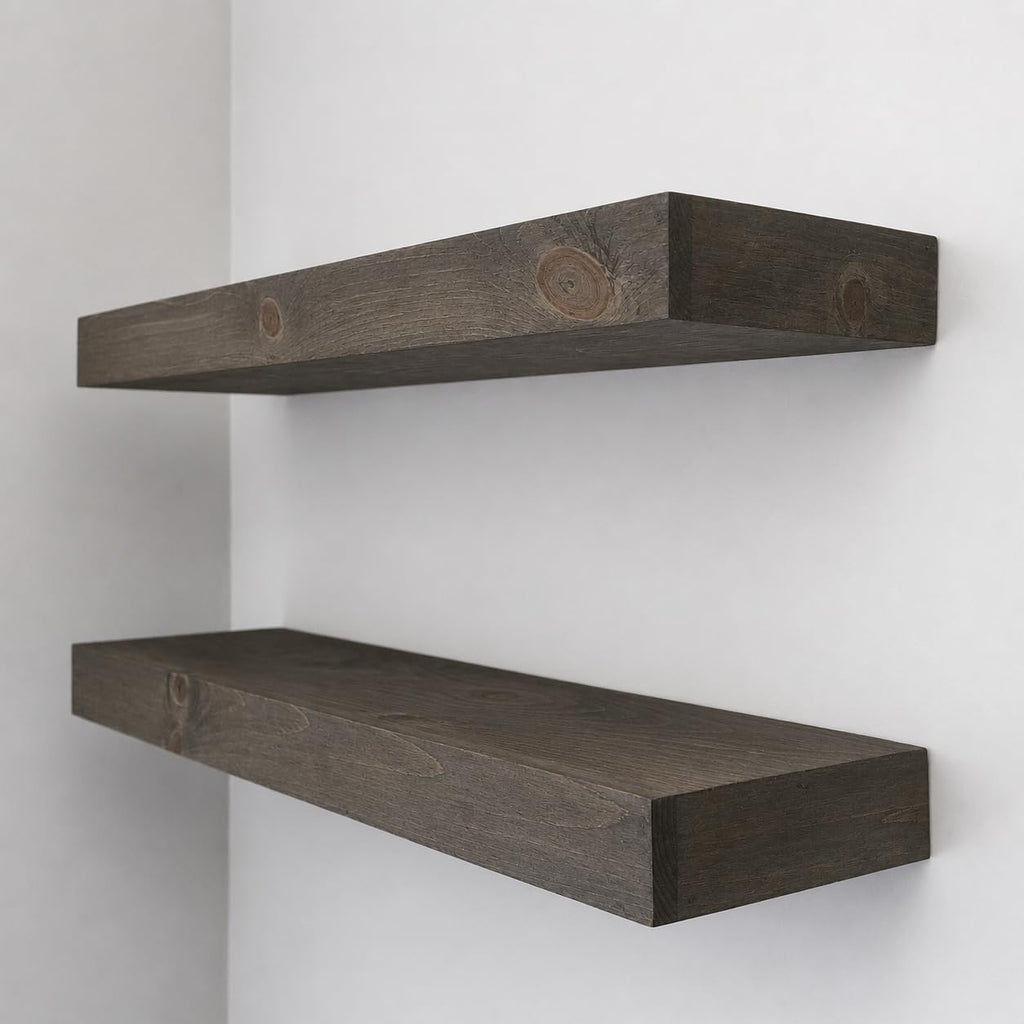 Set of 2 Rustic Pine Wood Floating Wall Shelves