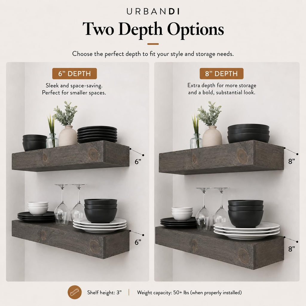 Set of 2 Rustic Pine Wood Floating Wall Shelves