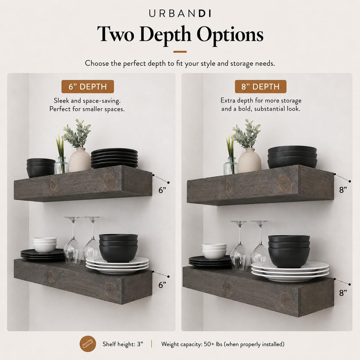 Set of 2 Rustic Pine Wood Floating Wall Shelves