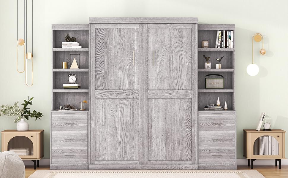 Full-Size Gray Storage Bed with Shelves & Drawers