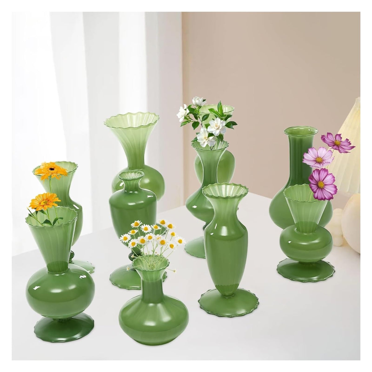 10-Piece Vintage Green Glass Bud Vase Set for Centerpieces