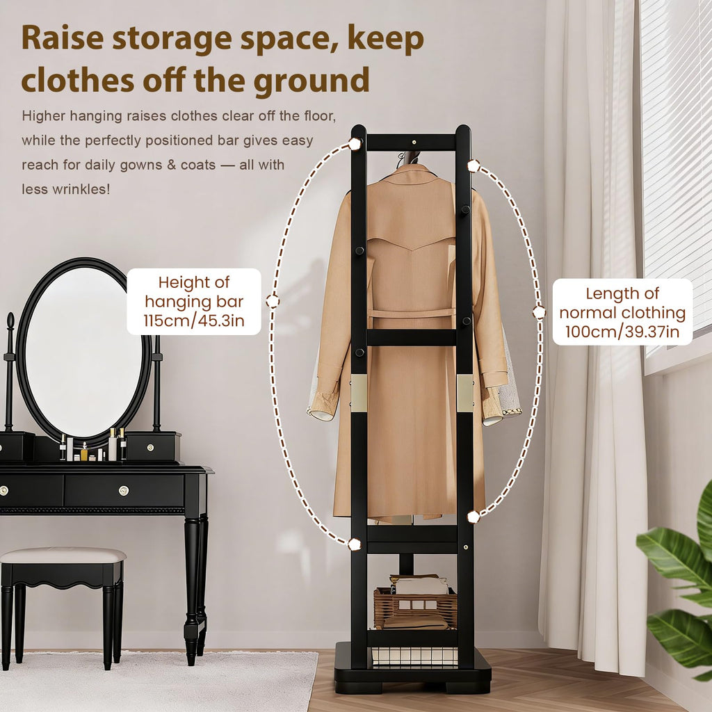 Solid Wood Hall Tree Coat Rack with 2 Shelves & 5 Hooks