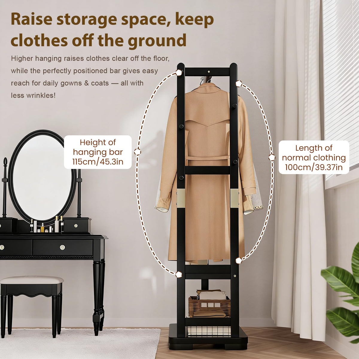 Solid Wood Hall Tree Coat Rack with 2 Shelves & 5 Hooks