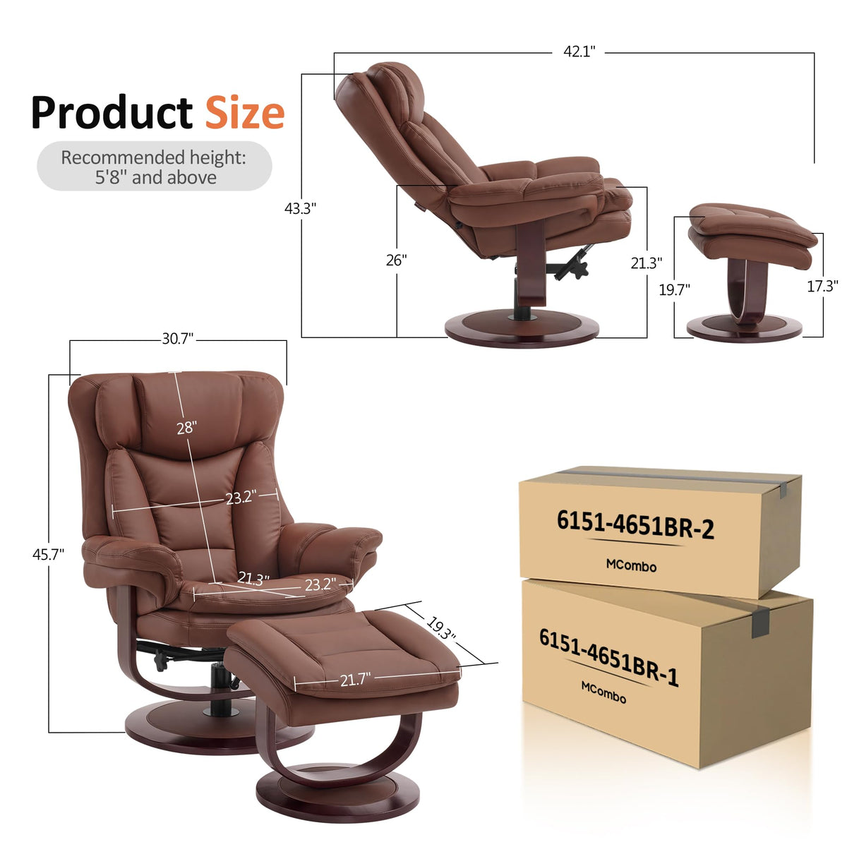 MCombo Swivel Recliner Chair with Ottoman & Wood Base