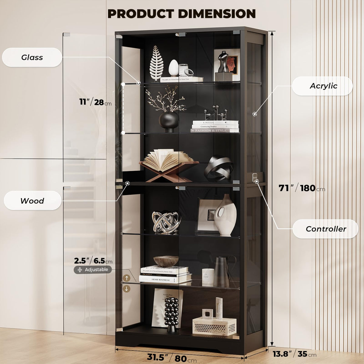 BROTTAR Glass-Door Display Cabinet with Storage Shelves
