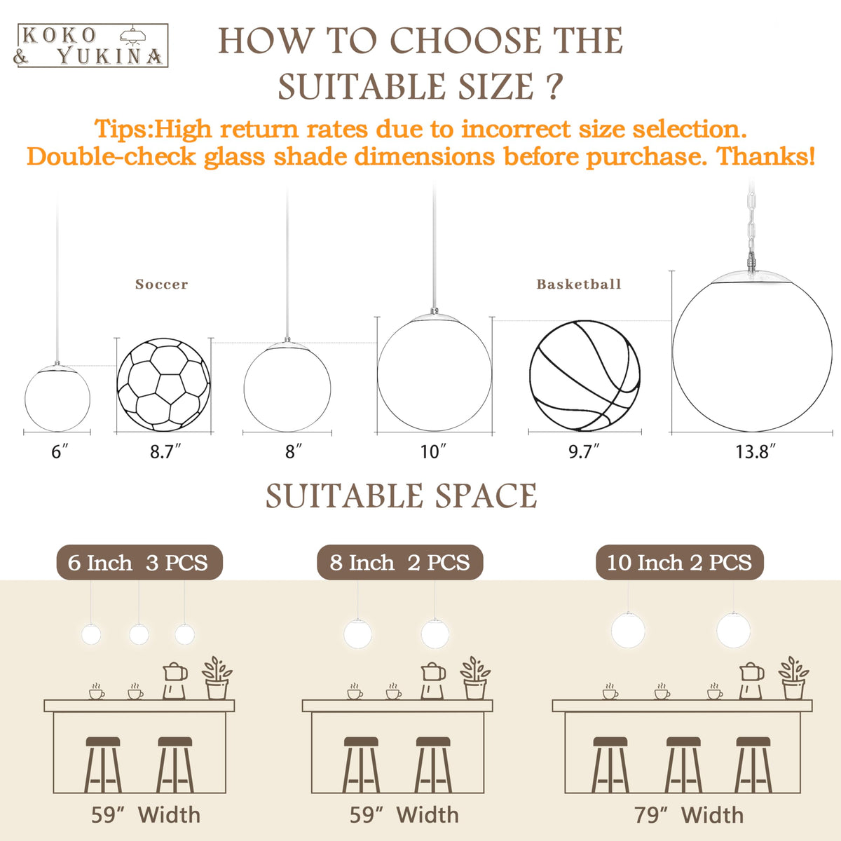 KoKo&Yukina Globe Pendant Lights for Kitchen Island