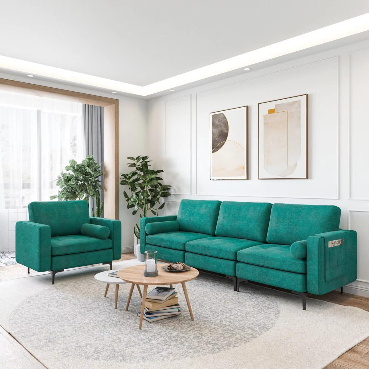 UMKLSW 3-Seat Modular Blue Suede Sofa with Storage Pocket
