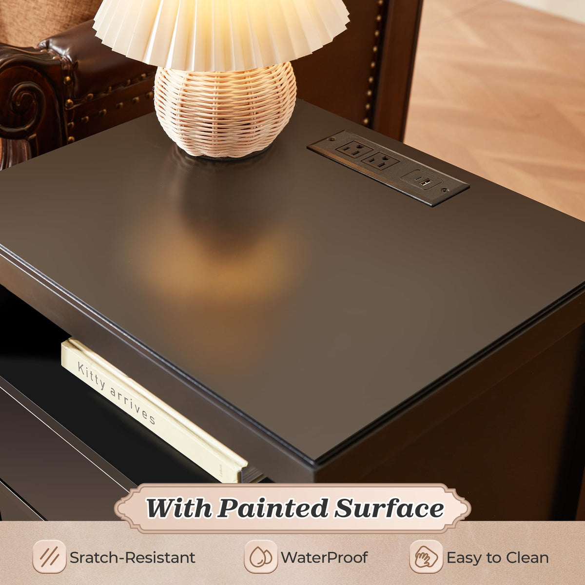 Modern Nightstand with Charging Station, 2 Drawers & Storage