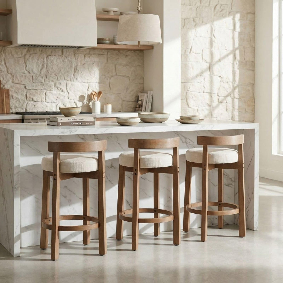 LukeAlon Rustic Modern Round Wood-Leg Low-Back Stool 5733