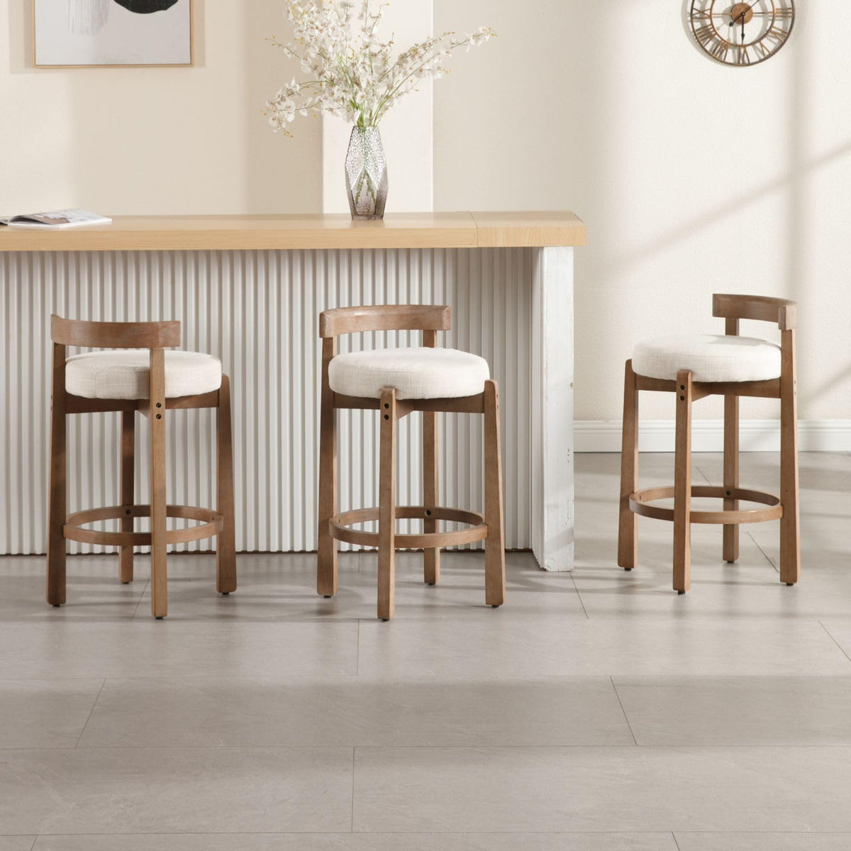 LukeAlon Rustic Modern Round Wood-Leg Low-Back Stool 5733