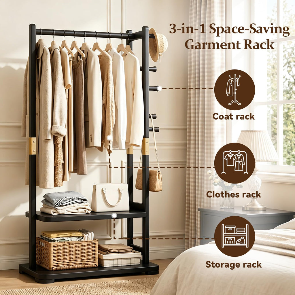 Solid Wood Hall Tree Coat Rack with 2 Shelves & 5 Hooks