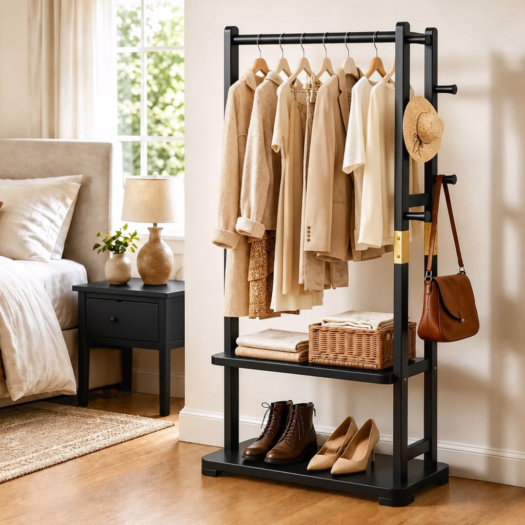Solid Wood Hall Tree Coat Rack with 2 Shelves & 5 Hooks