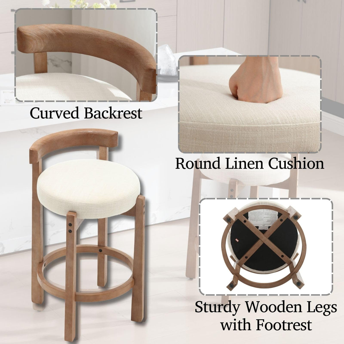 LukeAlon Rustic Modern Round Wood-Leg Low-Back Stool 5733