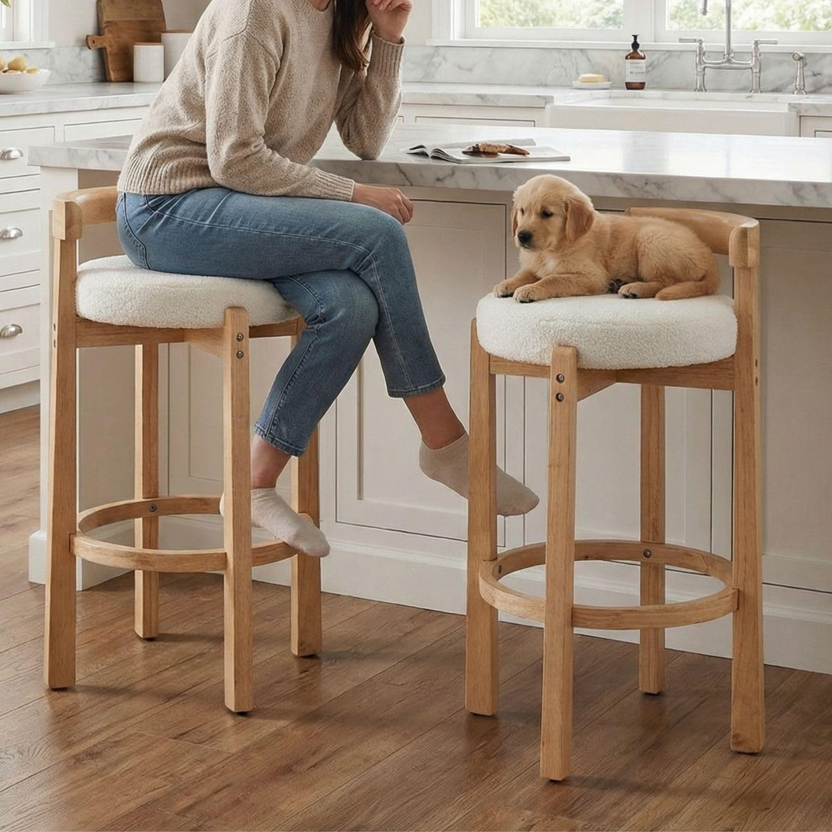 LukeAlon Rustic Modern Round Wood-Leg Low-Back Stool 5733