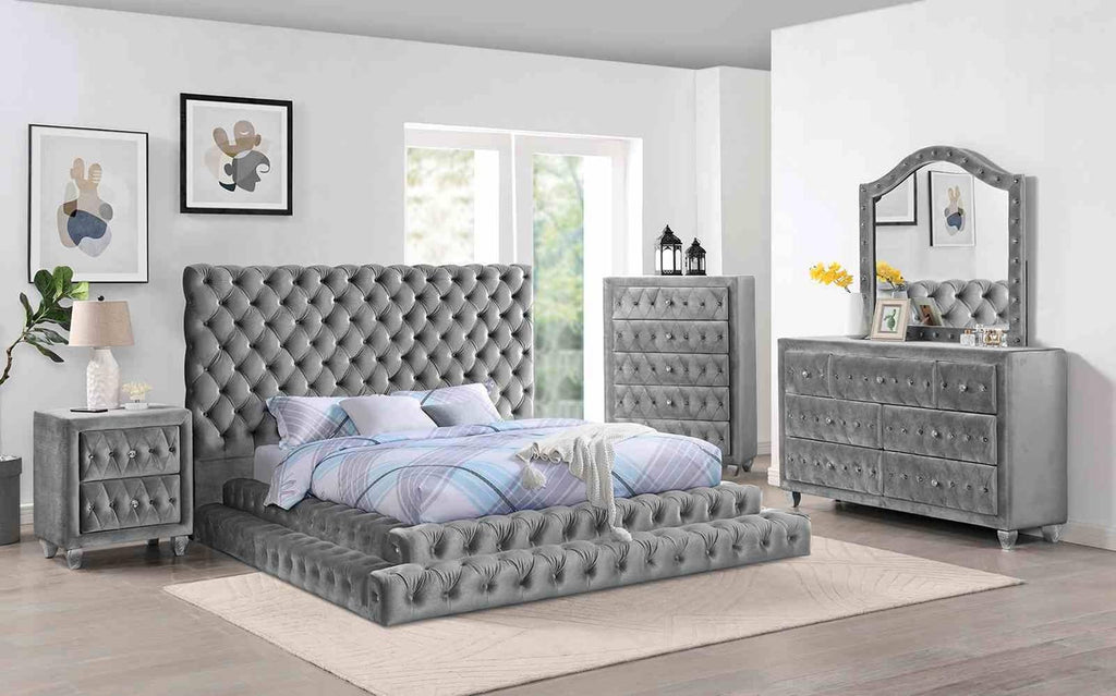 Gray King Upholstered Platform Bed with Tufted Headboard