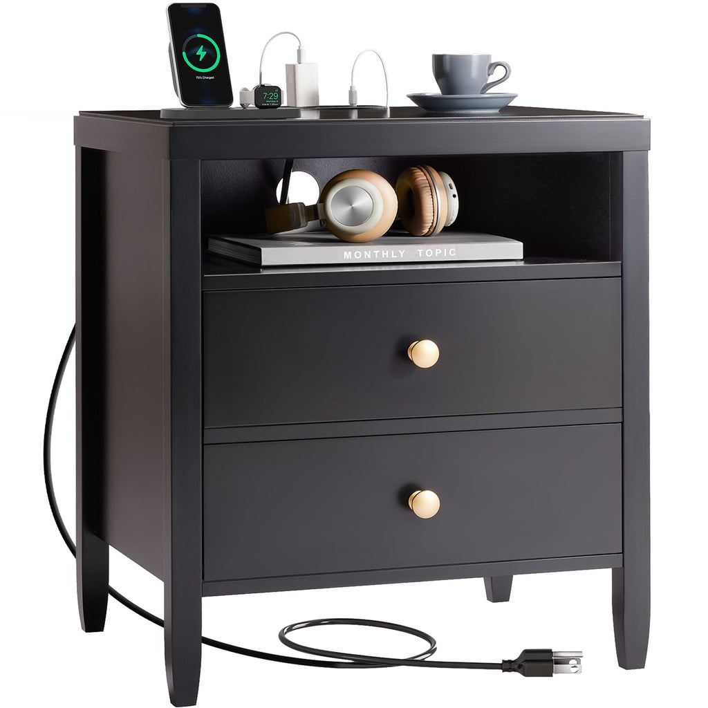 Modern Nightstand with Charging Station, 2 Drawers & Storage