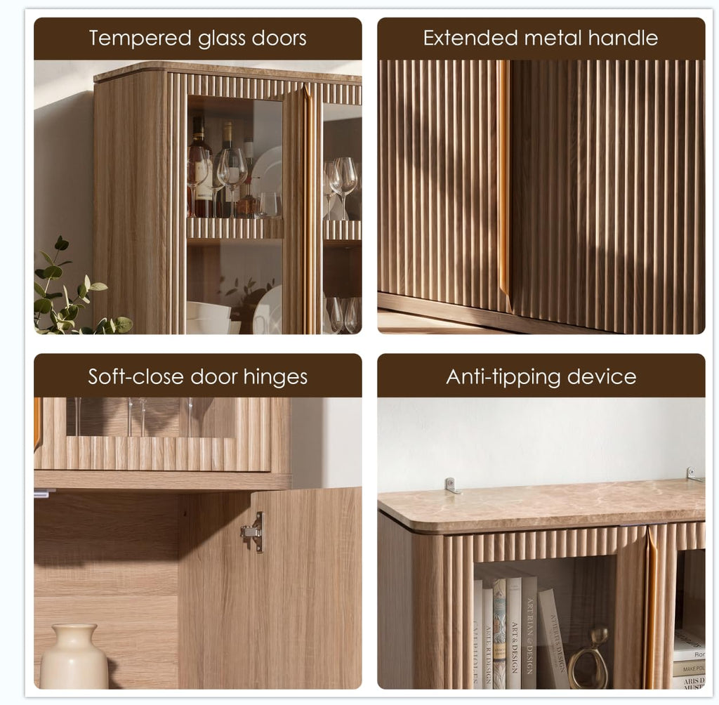 77-Inch Fluted Storage Cabinet with Glass Doors