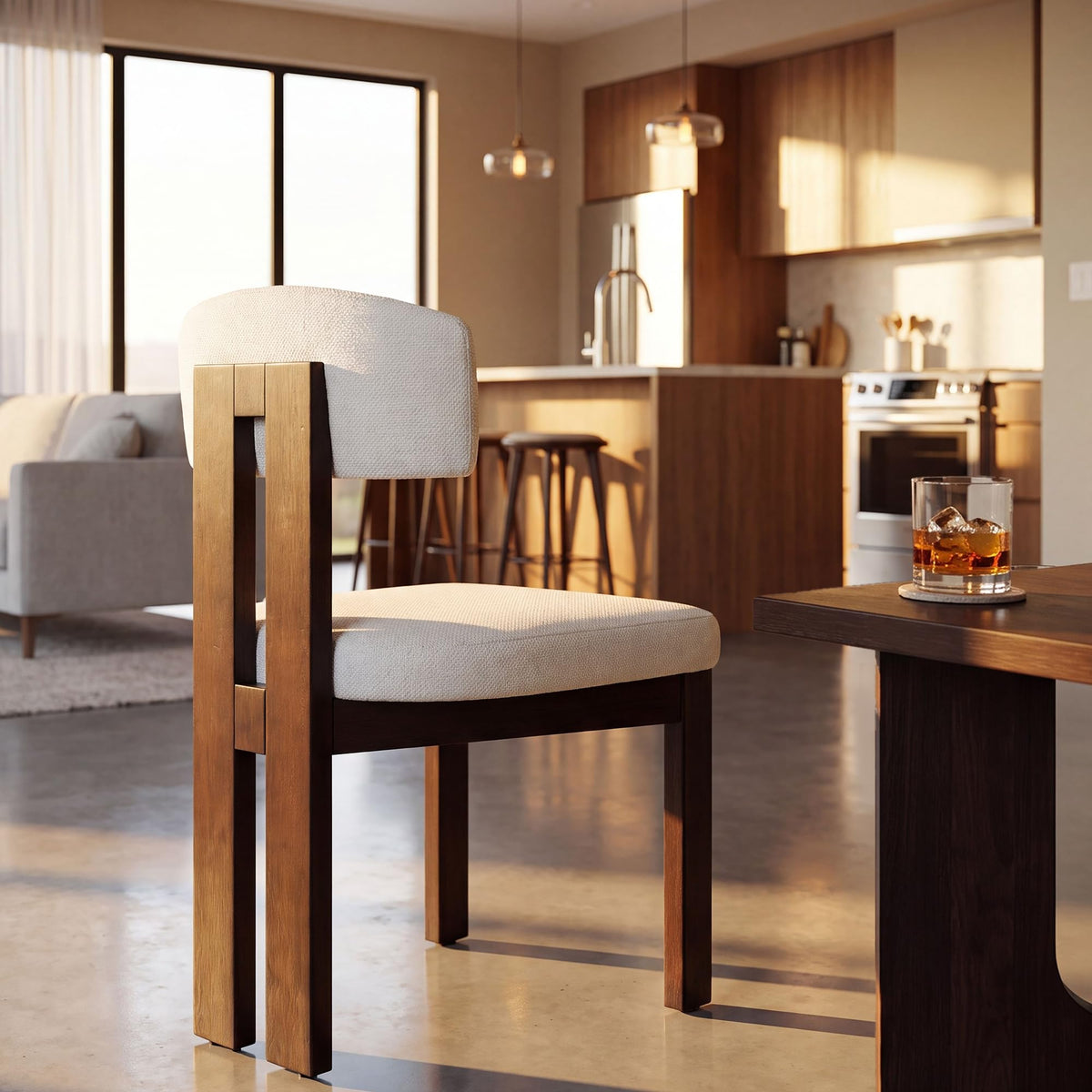COLAMY Set of 4 Upholstered Dining Chairs, Beige & Walnut