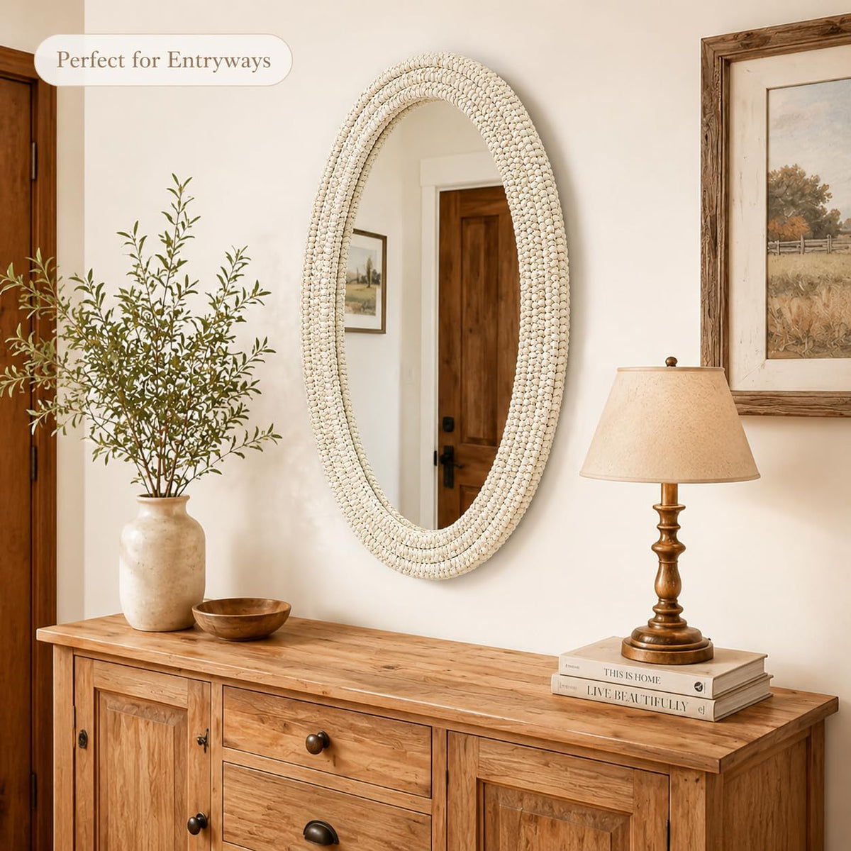 CAVINHOME Handwoven Corn Husk Decorative Wall Mirror