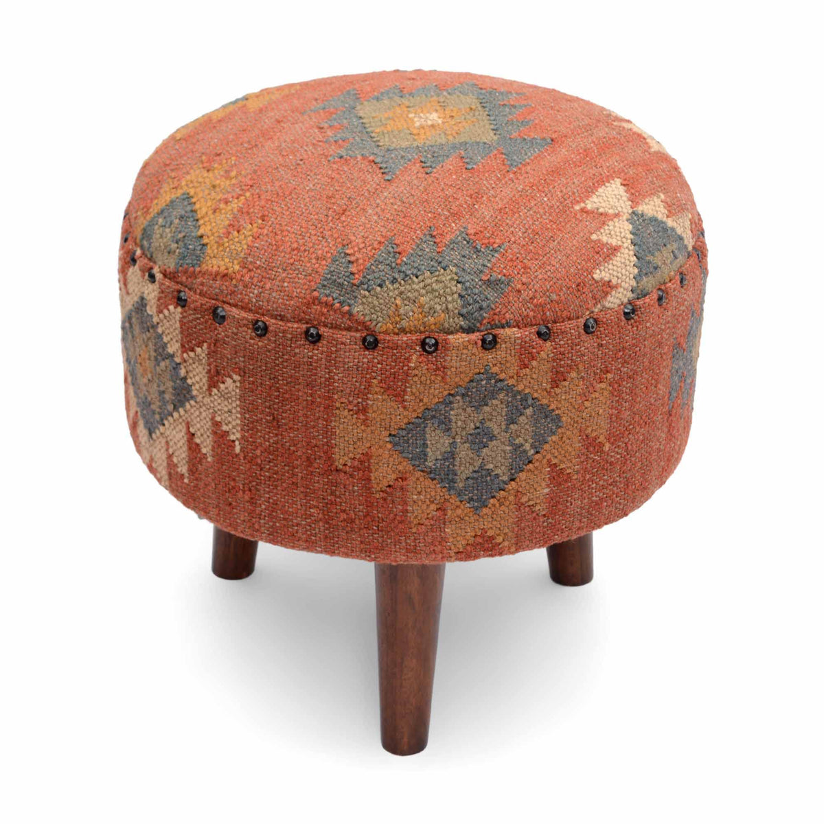 Natural Jute-Finish Wooden Kilim Stool for Living Room