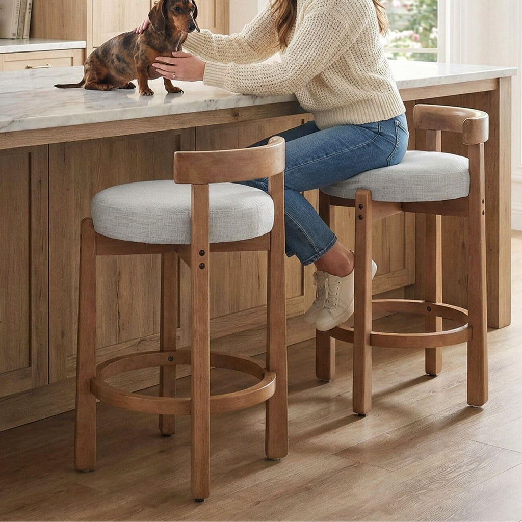 LukeAlon Rustic Modern Round Wood-Leg Low-Back Stool 5733