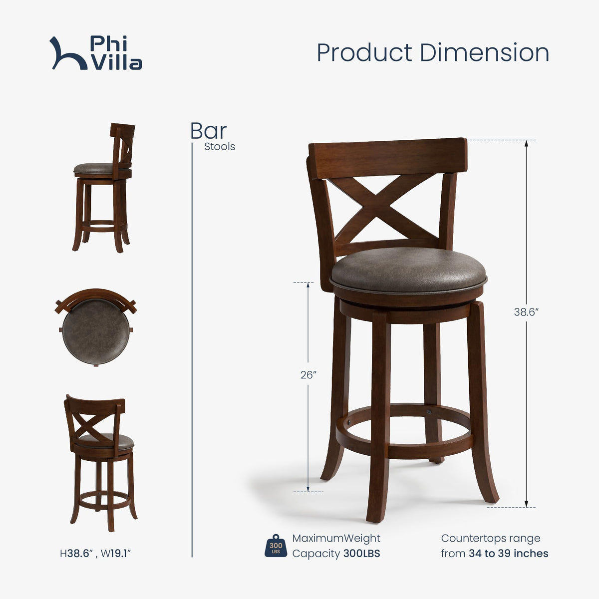 PHI VILLA Swivel Counter-Height Faux Leather Bar Stools