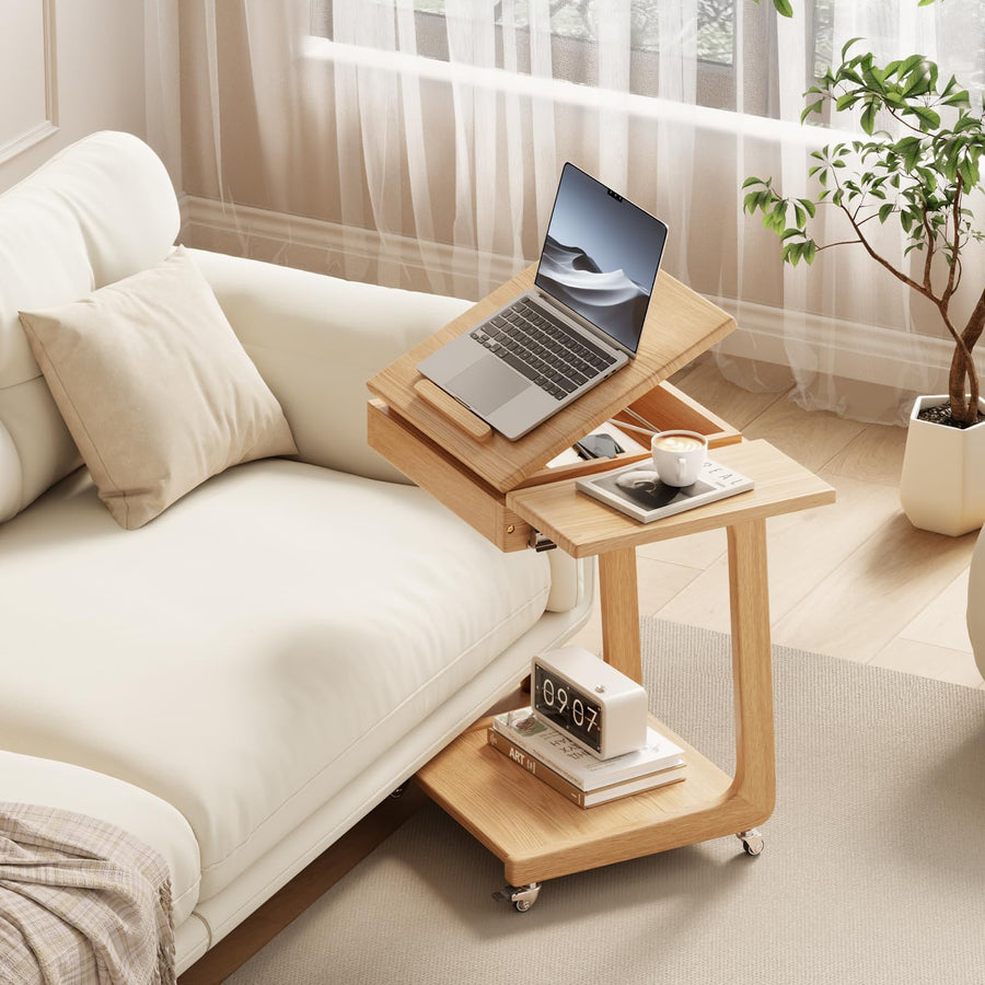 YAZIFIRSTLY Solid Wood C-Shaped End Table for Living Room